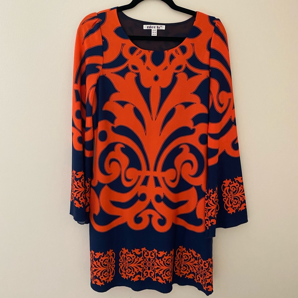 Navy and Orange Print Dress